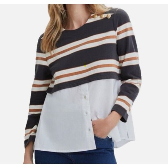 Veronica Beard Bertie Layered Top L - Charcoal/Tan/White Stripes, Gold Buttons - Picture 1 of 12